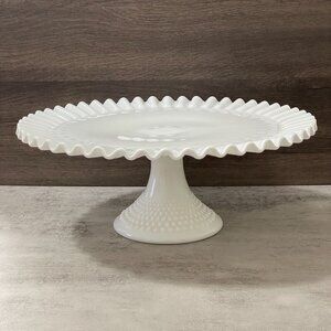 Vintage Fenton White Milk Glass Hobnail Pedestal Ruffle Edge Cake Stand 13"